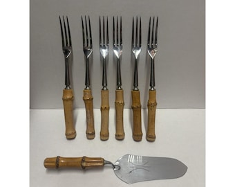 Juego de 9 tenedores para fondue de bambú, acero inoxidable y estilo MCM, más pala para pastel. Estilo vintage.