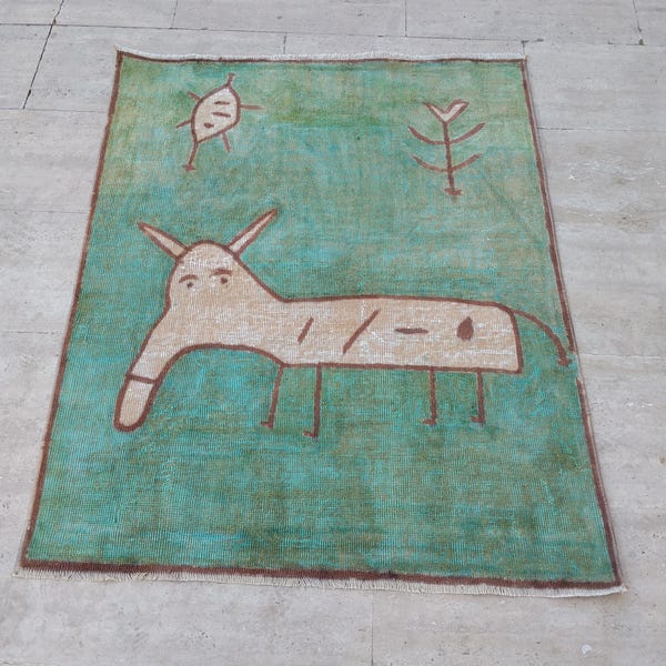 Vintage Wool Anatolian Rug, Handmade Tribal Animal Accent Entryway Farmhouse Boho 3x4 Ft