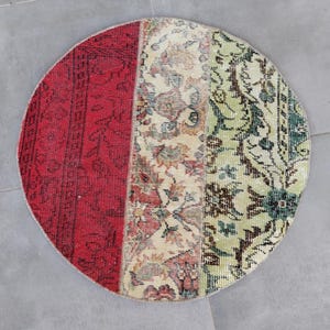 3 x 3 Ft, Vintage türkische Patchwork Runde Teppich, Boho Baumwolle Wolle Teppich