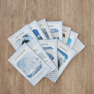 May include: A collection of educational cards with blue borders and various ice-themed images and text. The cards include titles like "Ice Hotel," "Ice Structures," and "Igloos." The Naturehood logo is visible on one card.