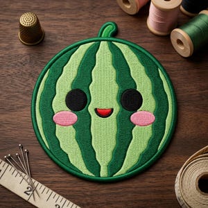 May include: A round embroidered patch featuring a stylized watermelon design with alternating light and dark green vertical stripes, two black circular eyes, a small red mouth, and two pink oval cheeks, positioned near sewing supplies.