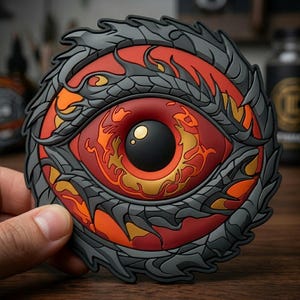 May include: A circular, stylized eye design in red, orange, gold, and black. The eye features a black pupil with a gold highlight, surrounded by fiery patterns and a textured, gray outer ring. The design is held by a hand.