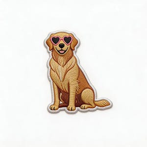 May include: An embroidered patch featuring a golden-colored dog sitting down. The dog has a happy expression with its tongue out and is wearing pink heart-shaped sunglasses. The patch has a white border and detailed stitching throughout the design.