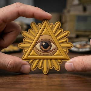 May include: A tan and brown patch featuring an eye within a triangle, surrounded by sun rays. The eye has a dark brown iris and a white highlight. The patch is held between two hands, showcasing its design and color scheme.