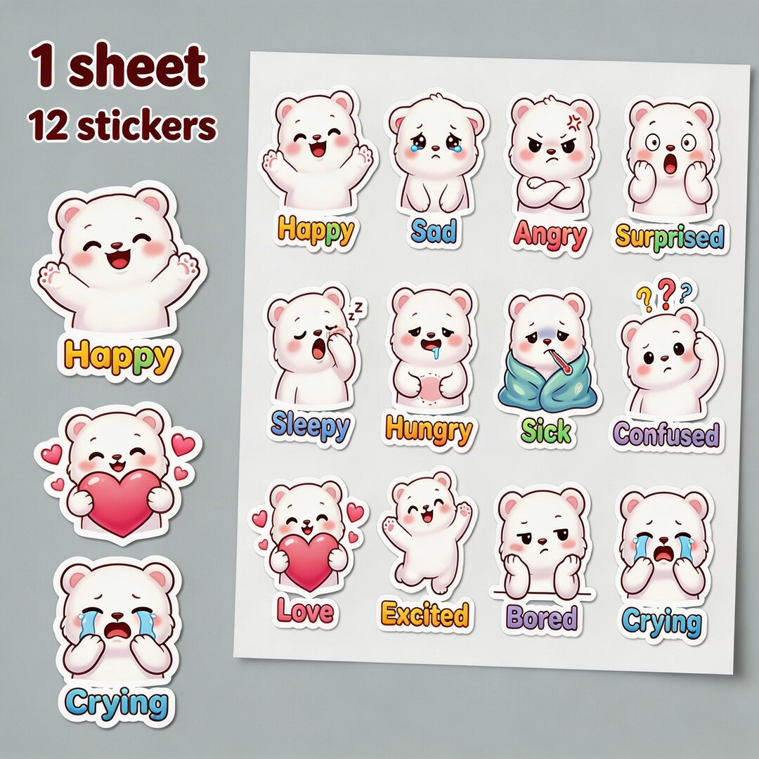 Sticker Sheet (12) Mood & Emotion Pack — Cute Bear Character Stickers ...