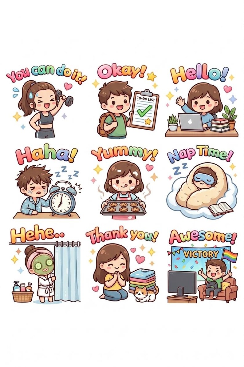 Daily Routine Chibi Cute Chibi Character Stickers, Kawaii Daily Routine Sticker Sheet for ...