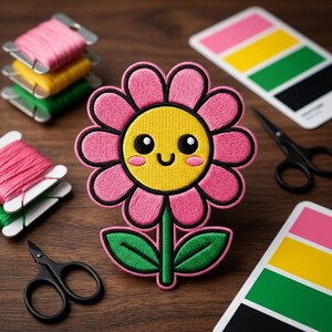 May include: An embroidered patch shaped like a smiling flower with pink petals, a yellow center, and two green leaves on a stem. The flower has black eyes and a small black mouth. Surrounding the patch are spools of embroidery thread and scissors.