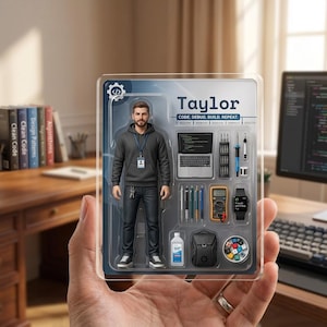 May include: A collectible action figure in blister packaging labeled Taylor, Code, Debug, Build, Repeat. The set includes a figure in a gray hoodie, a laptop, a screwdriver set, a soldering iron, a multimeter, a smartwatch, a bottle, a bag, and dice.