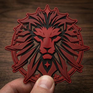May include: A round, red and black emblem featuring a lion's head with a detailed mane and a star at the bottom. The lion is surrounded by a circular design. The emblem is likely made of rubber or a similar material.