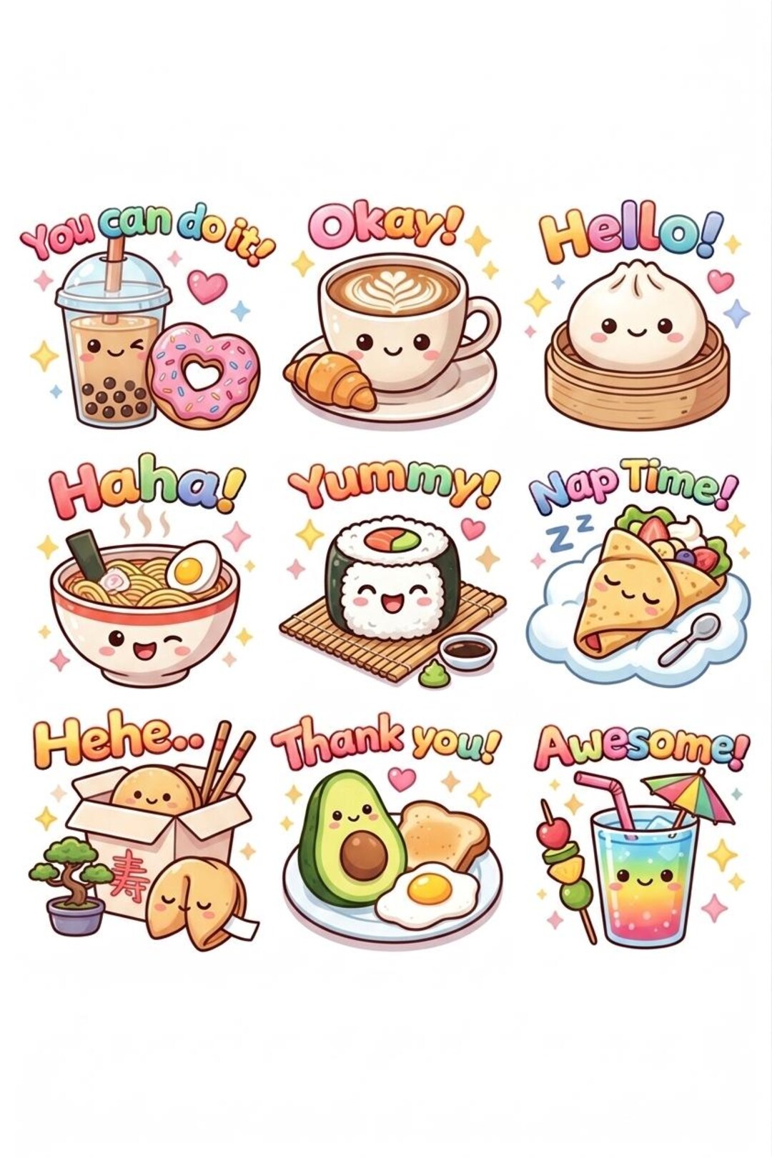 Cute Kawaii Food Stickers, Personalized Foodie Sticker Sheet for ...