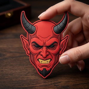 May include: A red devil face patch with black horns, eyebrows, and beard. The patch has a detailed design with a menacing expression and yellow teeth. The patch is held by a hand.