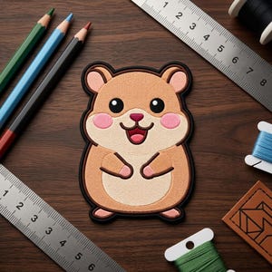 May include: An embroidered patch featuring a cartoon hamster with light brown fur, a cream-colored belly, pink cheeks, and a black outline. The hamster has a smiling expression with an open mouth, small ears, and tiny paws, presented as a flat design.