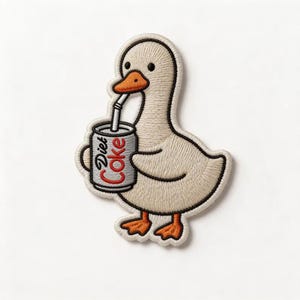 May include: An embroidered patch featuring a cream-colored duck with orange feet and a beak. The duck is holding a silver soda can with the text Diet Coke in red letters, with a straw extending from the can to the duck's beak, outlined in black.