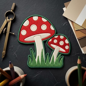 Embroidered Mushroom Patch, Red Toadstool Iron-On Applique, Forest Nature Badge