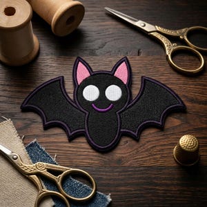 Cute Bat Embroidered Patch, Happy Bat Iron On Patch, Adorable Animal Applique, Kawaii Bat Badge, Gothic Bat Patch, Halloween Clothing Decor