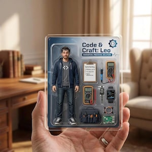 May include: A Code & Craft: Leo action figure in blister packaging. The figure wears a navy hoodie with a code bracket logo, gray t-shirt, and jeans. Accessories include a clipboard, soldering iron, multimeters, calipers, watch, bag, and circuit board.