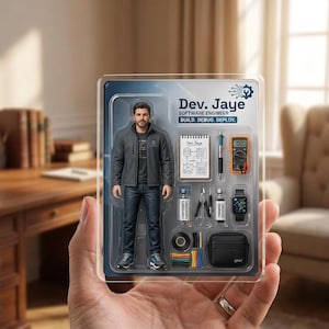 May include: A plastic blister pack containing a Dev. Jaye Software Engineer action figure wearing a gray jacket, dark shirt, and blue jeans. Accessories include a notepad, pen, multimeter, vials, pliers, a smartwatch, tape, and a black bag.