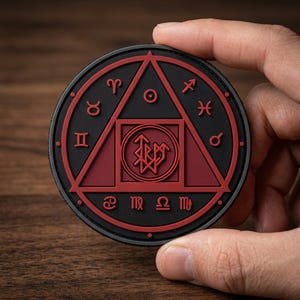 May include: A round, black patch with a red geometric design featuring zodiac symbols and a central emblem. The patch is held by a hand, showcasing the intricate details of the design. The patch is likely a decorative item or emblem.
