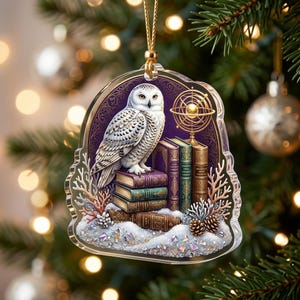 May include: A clear acrylic ornament featuring a white snowy owl perched on a stack of colorful books. Beside the books is a gold armillary sphere. The base is covered in white snow, pinecones, and coral-like branches, all hanging by a gold cord.