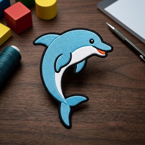 May include: An embroidered iron-on patch shaped like a leaping dolphin. The dolphin is light blue with a white underbelly, a black outline, and a small orange accent on the mouth. It features a smooth, stitched texture throughout the design.