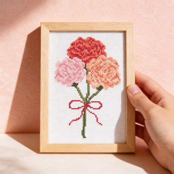 Patrón de punto de cruz de clavel pequeño del mes de enero, ramo floral moderno, rosa, rojo y melocotón (patrón en PDF)