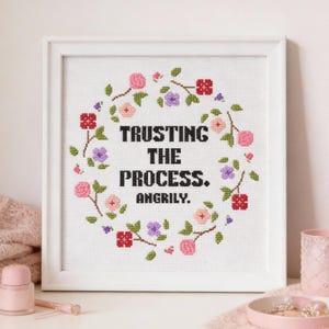 Puede incluir: Una obra de arte en punto de cruz enmarcada en un marco blanco. La obra presenta el texto "TRUSTING THE PROCESS. ANGRILY." en negro, rodeado por una corona floral de flores rosas, rojas y moradas y hojas verdes. La obra está sobre una superficie blanca.