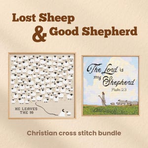 Pode incluir: Dois padrões de ponto cruz emoldurados intitulados Lost Sheep & Good Shepherd. Um mostra muitas ovelhas com o texto HE LEAVES THE 99. O outro retrata uma figura com ovelhas num campo sob um céu nublado com o texto The Lord is my Shepherd Psalm 23.