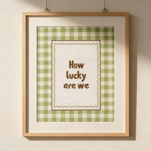 How Lucky Are We Cross Stitch Pattern, Whimsical Green Gingham Farmhouse Wall Art (PDF Pattern)
