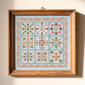 Summer Folk Art Geometric Cross Stitch Pattern, Flowers Bees Dragonflies Sunflowers Strawberries Corns, Patchwork Sampler PDF Pattern