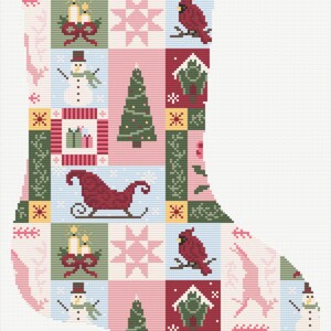 以下が含まれることがあります： お祝いのイメージが描かれた正方形のパッチワークデザインのクリスマスストッキング。「MADISON」の文字が上部にあります。正方形には、雪だるま、カーディナル、クリスマスツリー、そりなどが含まれています。カラーパレットには、赤、緑、ピンク、青が含まれています。