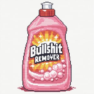 Könnte beinhalten: Eine rosa Flasche mit rotem Deckel und den Worten "Bullshit REMOVER" in weißen Blockbuchstaben. Das Etikett hat ein gelb-oranges Burst-Design mit weißen Sternen und rosa Blasen.