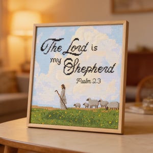 Può includere: Un'opera a punto croce quadrata in una cornice di legno chiaro che raffigura un pastore con un bastone e un piccolo gregge di pecore in un campo verde sotto un cielo azzurro con nuvole bianche. Il testo recita The Lord is my Shepherd Psalm 23.