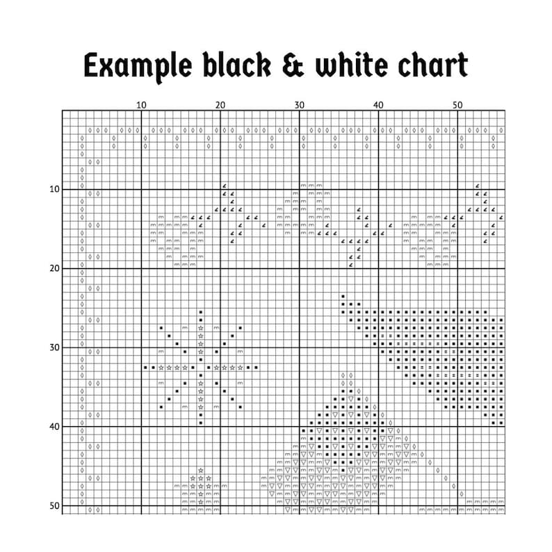 以下が含まれることがあります： 「Example black & white chart」のテキストが入った、白黒のクロスステッチチャート。チャートは、星や幾何学模様など、さまざまなパターンでグリッドに分割されており、手芸プロジェクトに適しています。