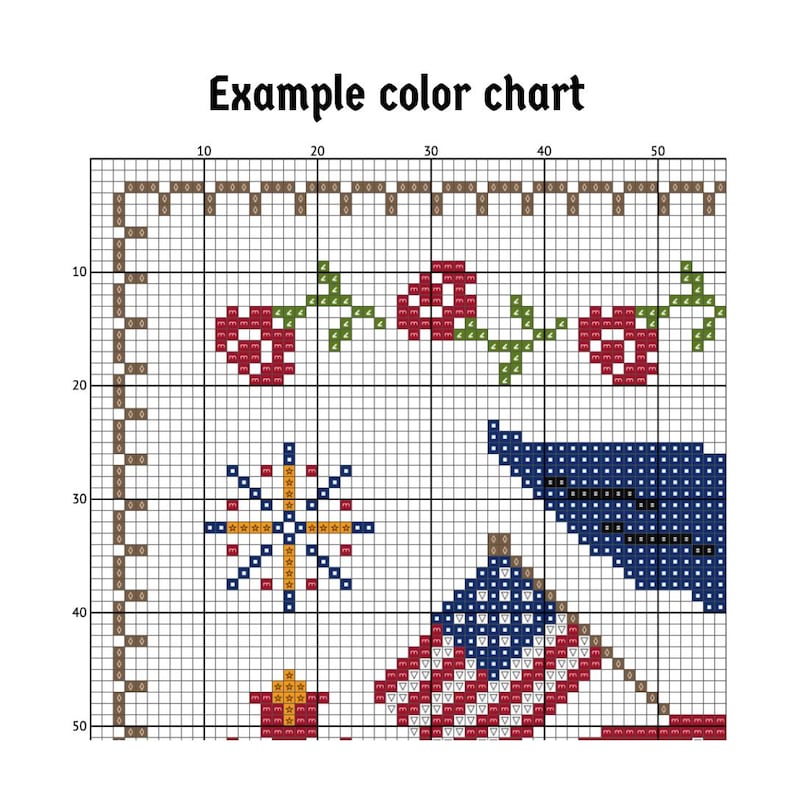 以下が含まれることがあります： 「Example color chart」のテキストが入ったクロスステッチのカラーチャート。デザインには、花のボーダー、雪の結晶、ヨット、アメリカ国旗が含まれており、すべてグリッドパターンになっています。