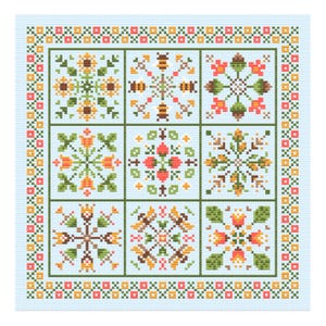 May include: A square cross-stitch pattern featuring a grid of nine distinct botanical and insect motifs on a light blue background, surrounded by a decorative border of small red, orange, and green geometric shapes and floral elements.