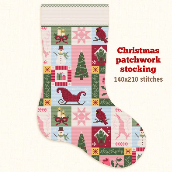 Customizable Christmas Patchwork Stocking Cross Stitch Pattern, Personalized Name, Vintage Quilt Style Holiday Decor (PDF Pattern)
