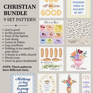 May include: A digital collection of nine Christian-themed cross-stitch patterns featuring text and illustrations including loaves and fishes, a floral cross, fruit of the spirit, and sheep. The text includes phrases like God is good, In His presence, and My cup overflows.