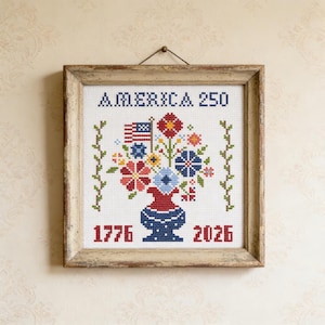 Small 250 Years Independence Day Cross Stitch Sampler: Patriotic America Flower Bouquet Folk Art Pattern 70x74 (PDF Pattern)