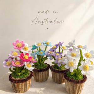 Peut inclure: Plusieurs arrangements floraux faits à la main dans de petits pots bruns texturés. Les fleurs sont de différentes couleurs, dont le rose, le blanc, le bleu et le violet, avec des centres jaunes. Le texte "made in Australia" est visible.