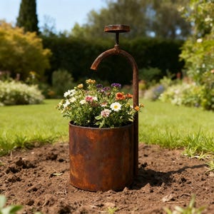 Rusty Iron Faucet Planter – Vintage Garden Water Tap Flower Pot – Rustic Outdoor Metal Planter Decor