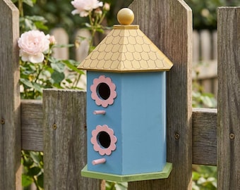 Colourful Wooden Humming-Bird House – Garden Bird Nesting Box – Outdoor Hanging Birdhouse – Decorative Backyard Bird Shelter