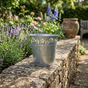 May include: A galvanized metal bucket with two handles and a floral design around the rim. The bucket is silver with white and yellow flower accents. The bucket is sitting on a stone wall in a garden setting.