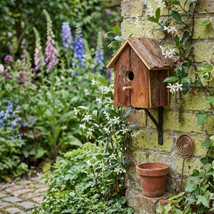 Könnte beinhalten: Ein rustikales Vogelhaus aus Holz mit einem kleinen Sitzplatz und einem runden Eingang ist an einer Backsteinmauer befestigt. Das Vogelhaus ist von Grün und weißen Blüten umgeben. Ein kleiner Terrakottatopf steht darunter.