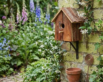 Casita rústica de madera para pájaros – Casa de madera natural para colibríes – Refugio de jardín para pájaros de estilo artesanal – Decoración para exteriores
