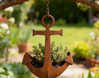 Macetero colgante rústico con forma de ancla – Soporte de pared de metal para plantas – Decoración náutica para jardín – Maceta colgante de hierro