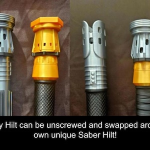 May include: Six modular lightsaber hilt components arranged in two rows, featuring silver, black, and yellow metallic finishes with various emitter and grip designs. The text below reads: Every Part of Every Hilt can be unscrewed and swapped around to create your own unique Saber Hilt!