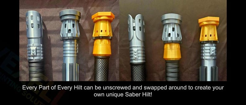 May include: Six modular lightsaber hilt components arranged in two rows, featuring silver, black, and yellow metallic finishes with various emitter and grip designs. The text below reads: Every Part of Every Hilt can be unscrewed and swapped around to create your own unique Saber Hilt!