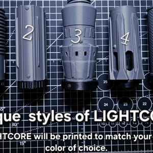 May include: Five grey cylindrical lightcore components labelled one through five, each featuring distinct surface textures and geometric patterns. The text 5 unique styles of LIGHTCORE!! and LIGHTCORE will be printed to match your hilts colour of choice.