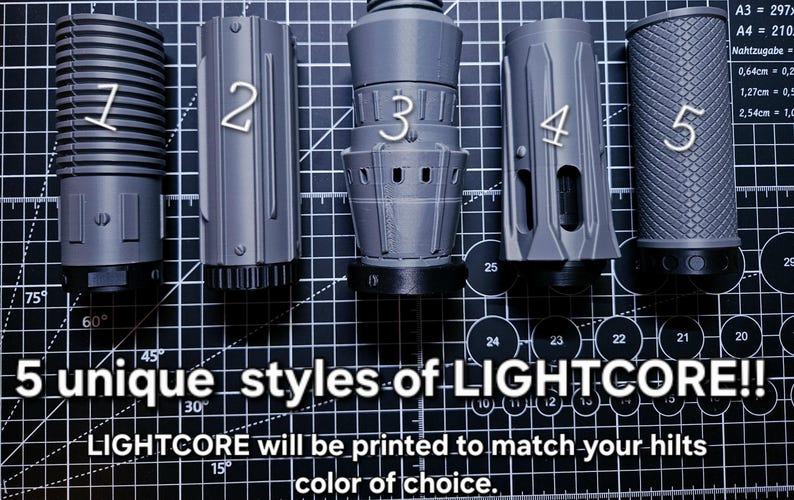 May include: Five grey cylindrical lightcore components labelled one through five, each featuring distinct surface textures and geometric patterns. The text 5 unique styles of LIGHTCORE!! and LIGHTCORE will be printed to match your hilts colour of choice.