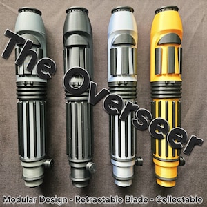 May include: Four cylindrical lightsaber hilts arranged vertically, featuring a modular design with black grip accents. The colours from left to right are light grey, black, silver, and yellow. The text "The Overseer" and "Modular Design - Retractable Blade - Collectable" are visible.